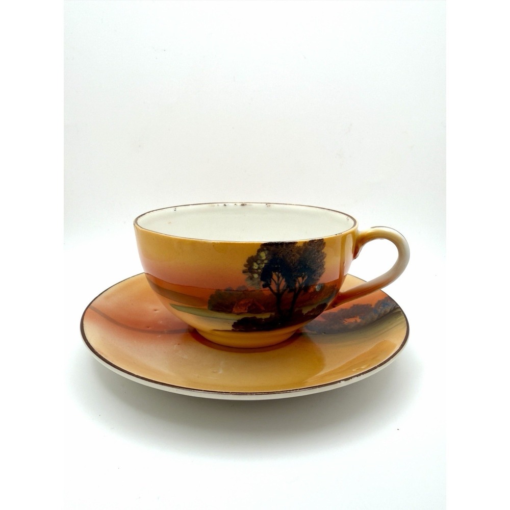 Pre-1940's Chikaramachi Sunset Landscape Porcelain Teacups &β Saucers (Set of 2)